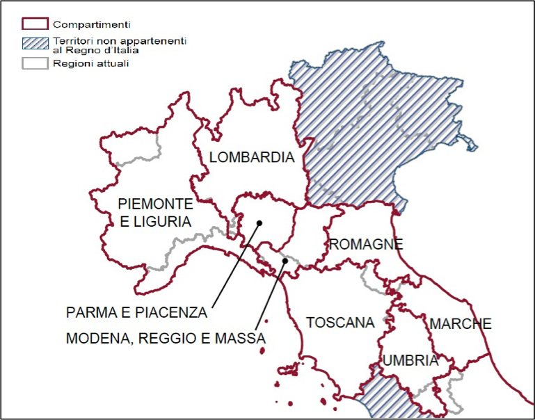 Fig. 1. Compartimenti territoriali nell’anno 1861 [Struttura e dinamica delle unità amministrative territoriali italiane 2018].